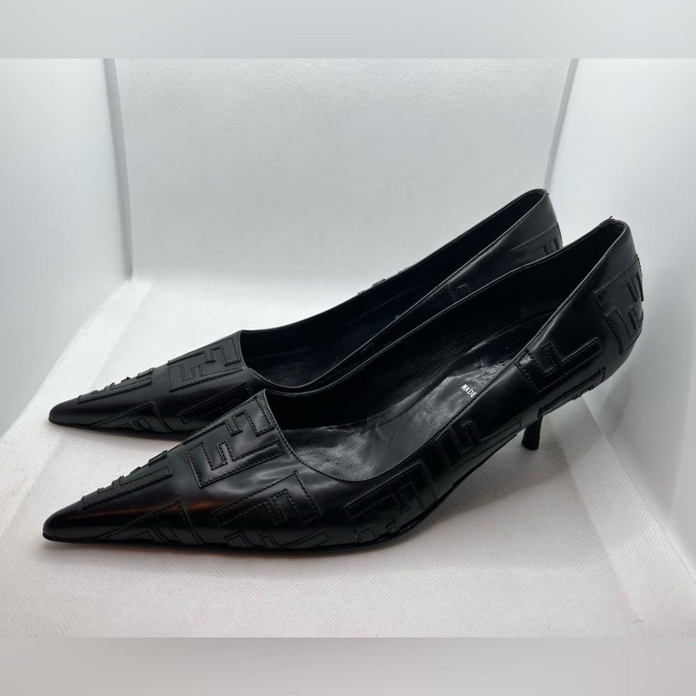 FENDI Monogram Women’s Black Leather Heels Shoes Size 37 Brand New Authentic